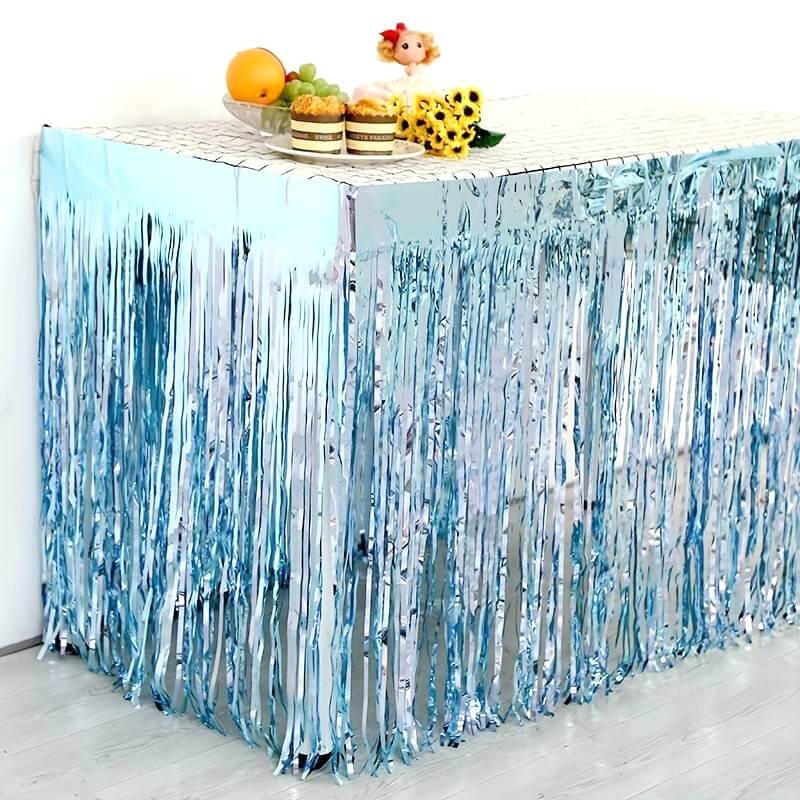 Metallic Blue Foil Fringe Table Skirt