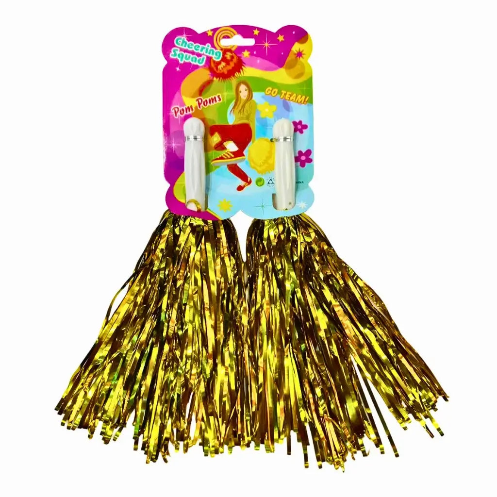 Gold cheerleader pompoms for sports party and school spirit events