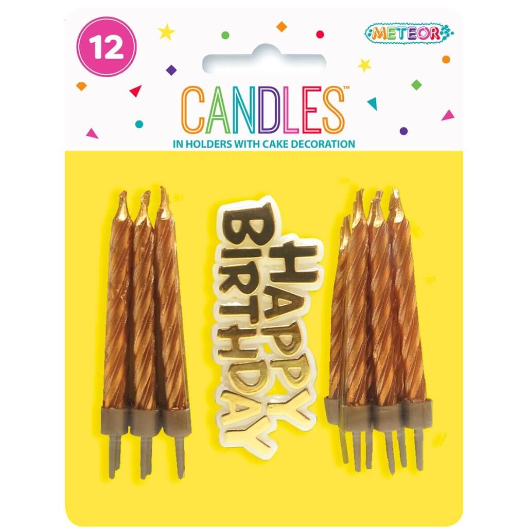 Gold Spiral Candles in holders w/ Happy Birthday Decoration 12pk