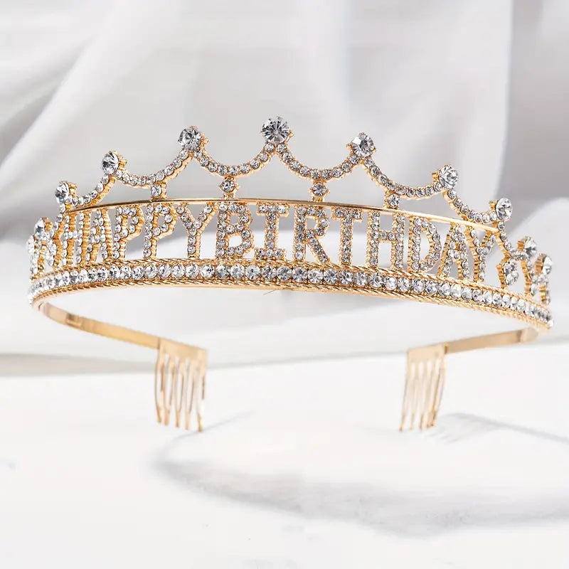 Gold Metal Rhinestone Happy Birthday Princess Headband