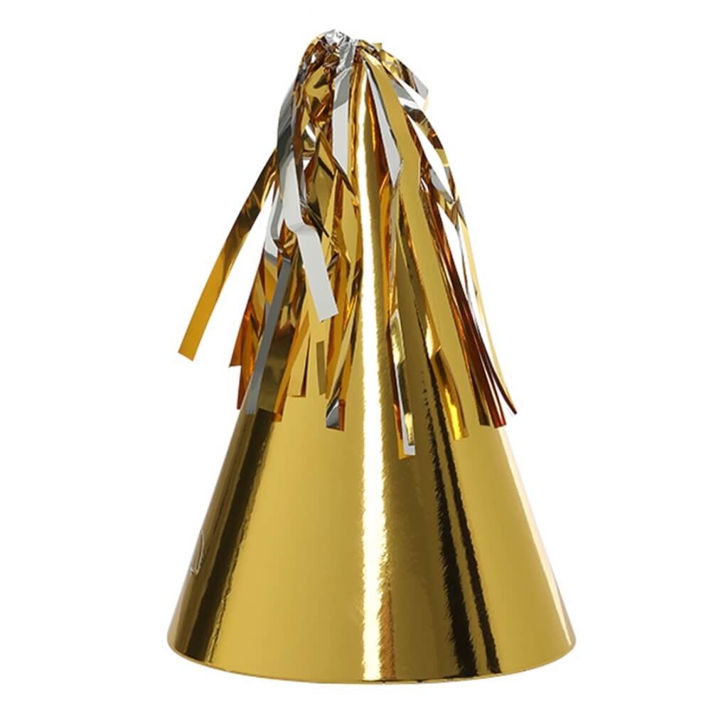 Metallic Gold Party Hats with Tassel Toppers 10pk