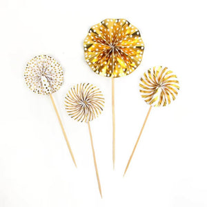 Metallic Gold Paper Fan Cupcake Toppers 4pk