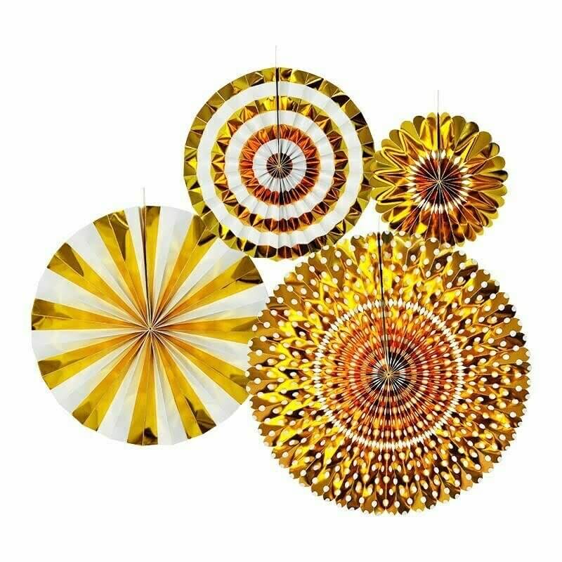 Metallic Gold Hanging Decorative Paper Fan 4 Pack