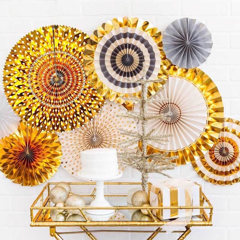 Metallic Gold Hanging Decorative Paper Fan 4 Pack