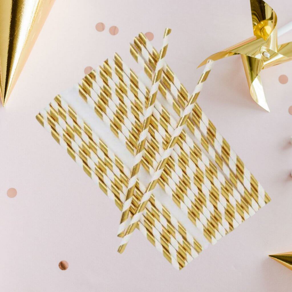 Metallic Gold Striped Paper Straws 20pk