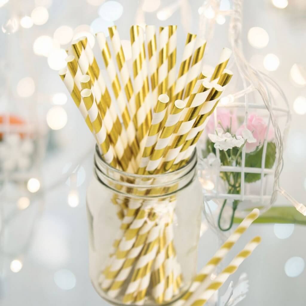 Metallic Gold Striped Paper Straws 20pk