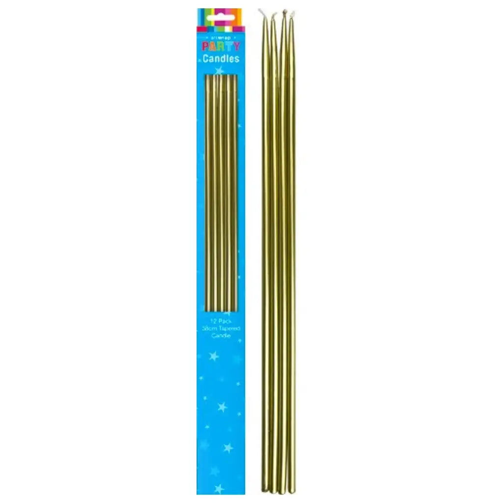 Extra-long metallic gold cake candles measuring approximately 38cm