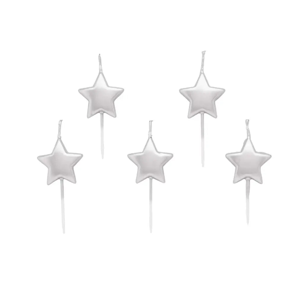 Silver star cake candles on white picks