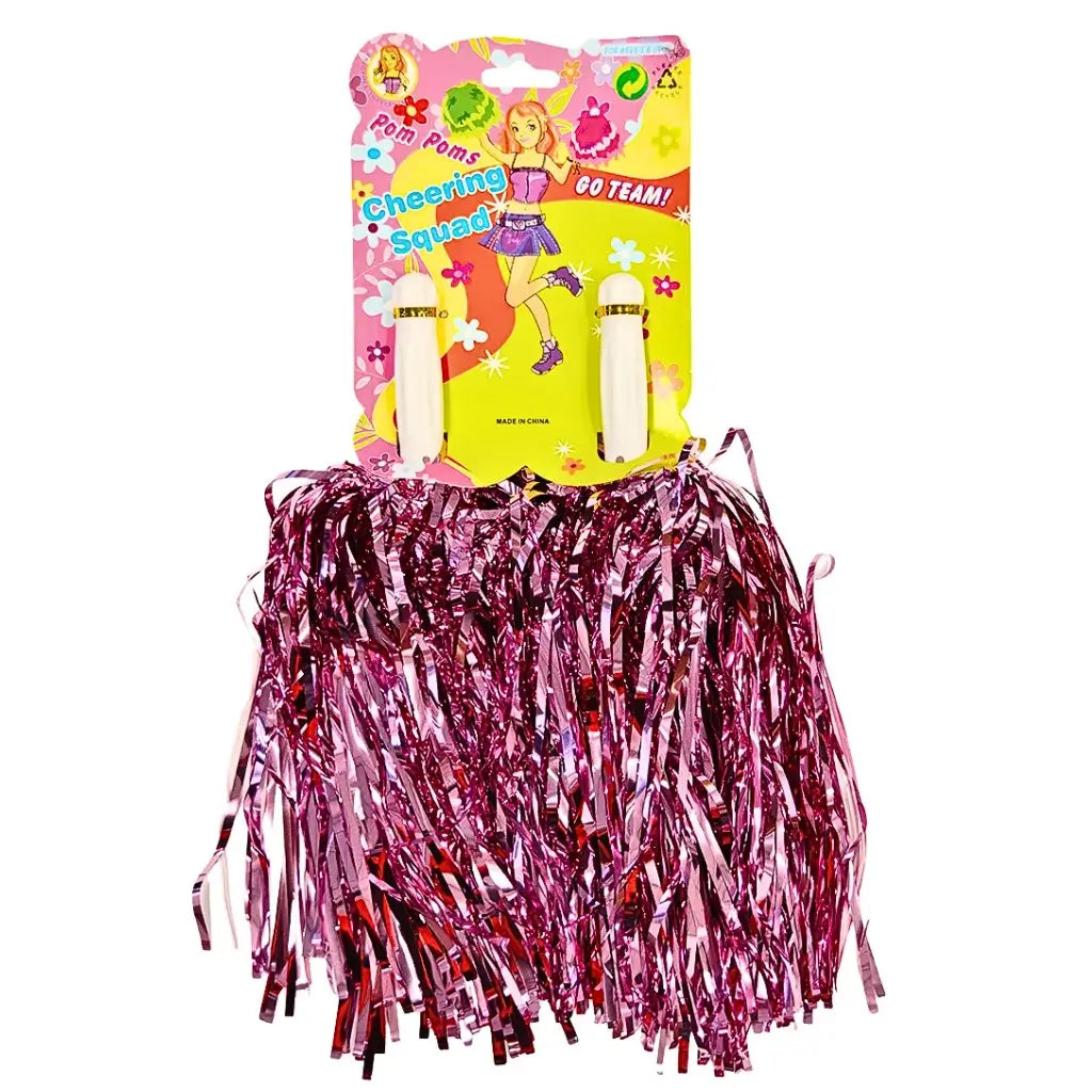 Pink metallic cheerleader pom poms with handles
