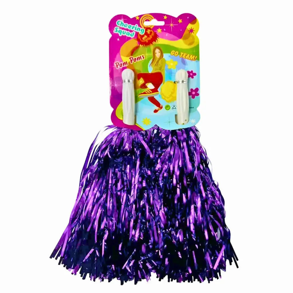Purple metallic pom poms for cheerleader costume and dance performance