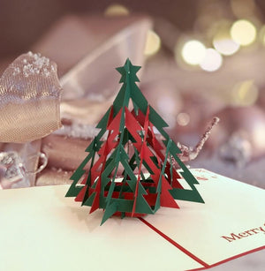 Handmade Red & Green Christmas Tree Pop Up Greeting Card - 3D Pop Up Xmas Cards Cover