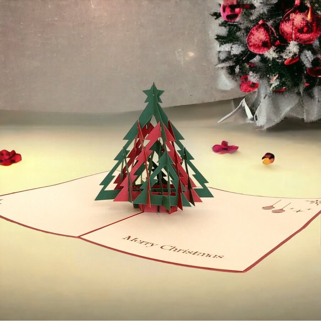 Handmade Red & Green Christmas Tree Pop Up Greeting Card - 3D Pop Up Xmas Cards Cover