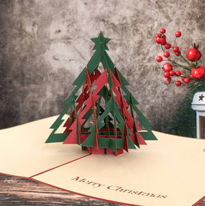 Handmade Red & Green Christmas Tree Pop Up Greeting Card - 3D Pop Up Xmas Cards