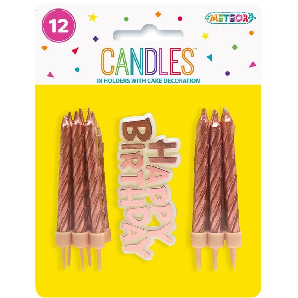 Rose Gold Spiral Candles w/ Happy Birthday Cake Decor 12pk