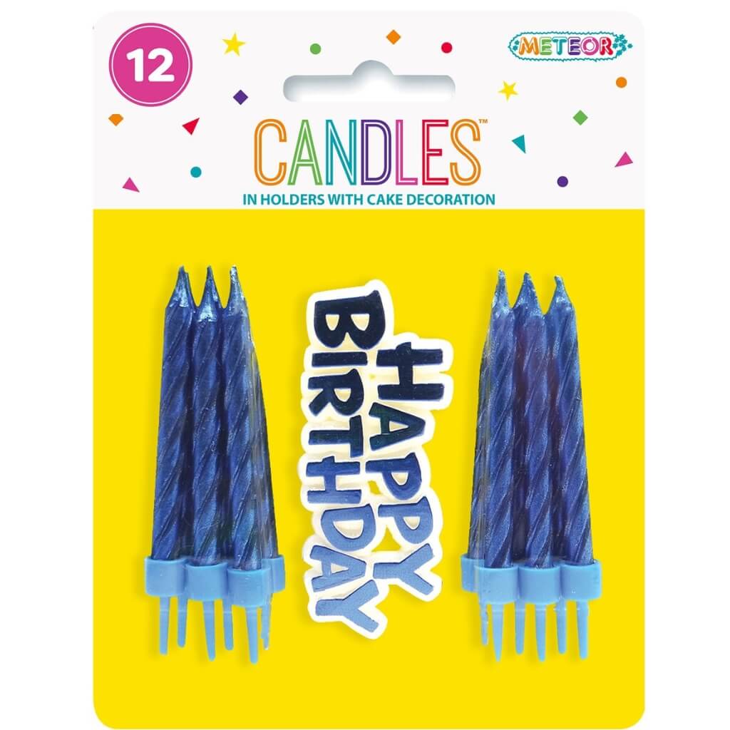 Royal Blue Spiral Candles w/ Happy Birthday Cake Decoration 12pk