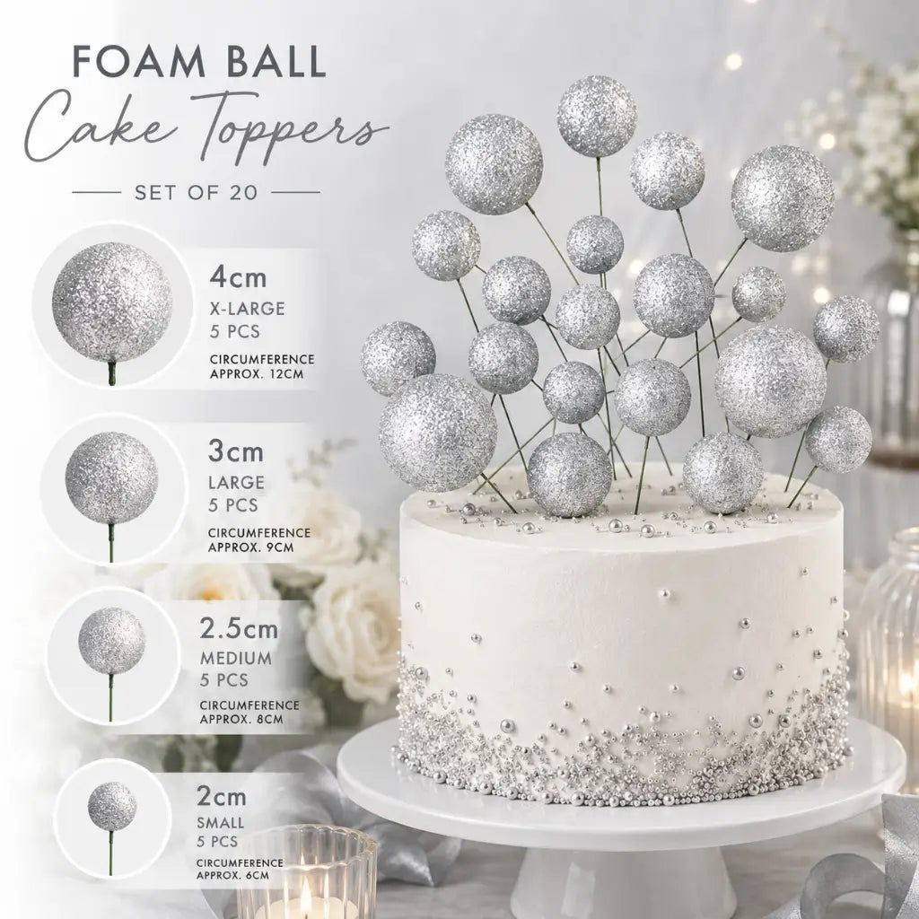 Silver glitter foam balls for cake decorating