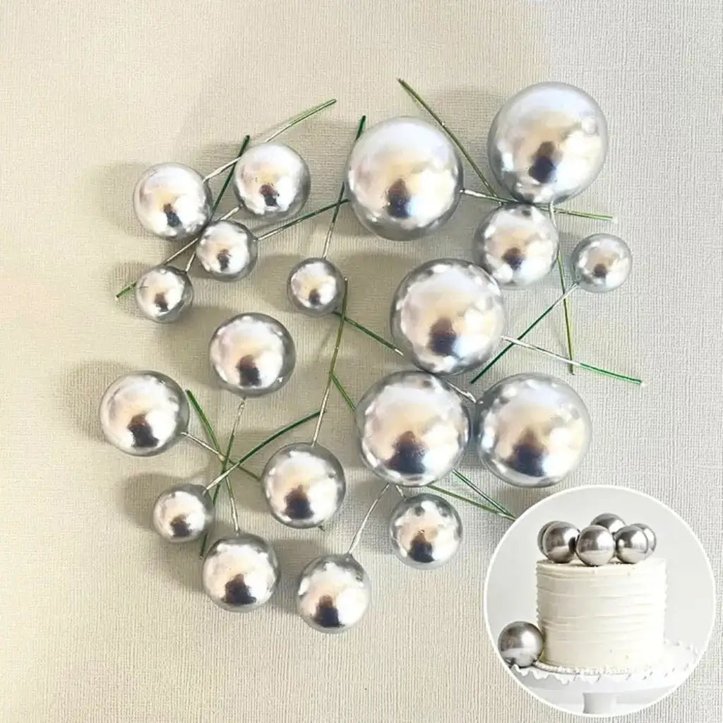 Metallic silver deco foam ball cake topper set