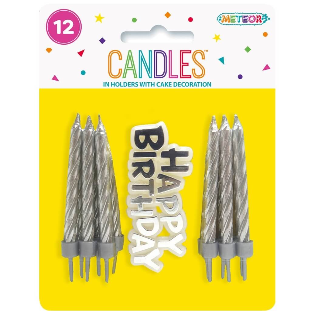 Silver Spiral Candles in Holders w/ Happy Birthday Decoration 12pk