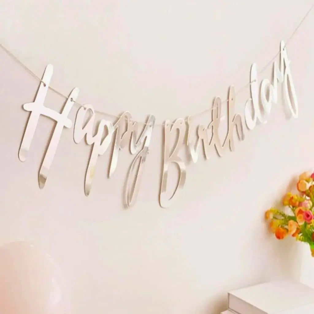 Metallic Silver Foil Happy Birthday Bunting GarlandMetallic Silver Foil Happy Birthday paper banner Bunting Garland