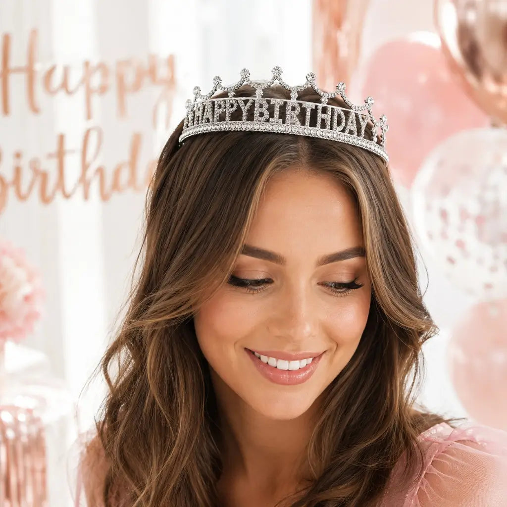 Silver Metal Rhinestone Happy Birthday Princess Headband