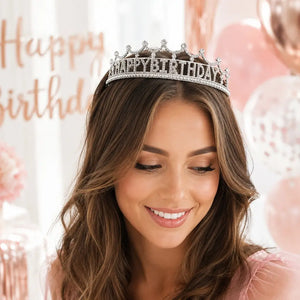 Silver Metal Rhinestone Happy Birthday Princess Headband