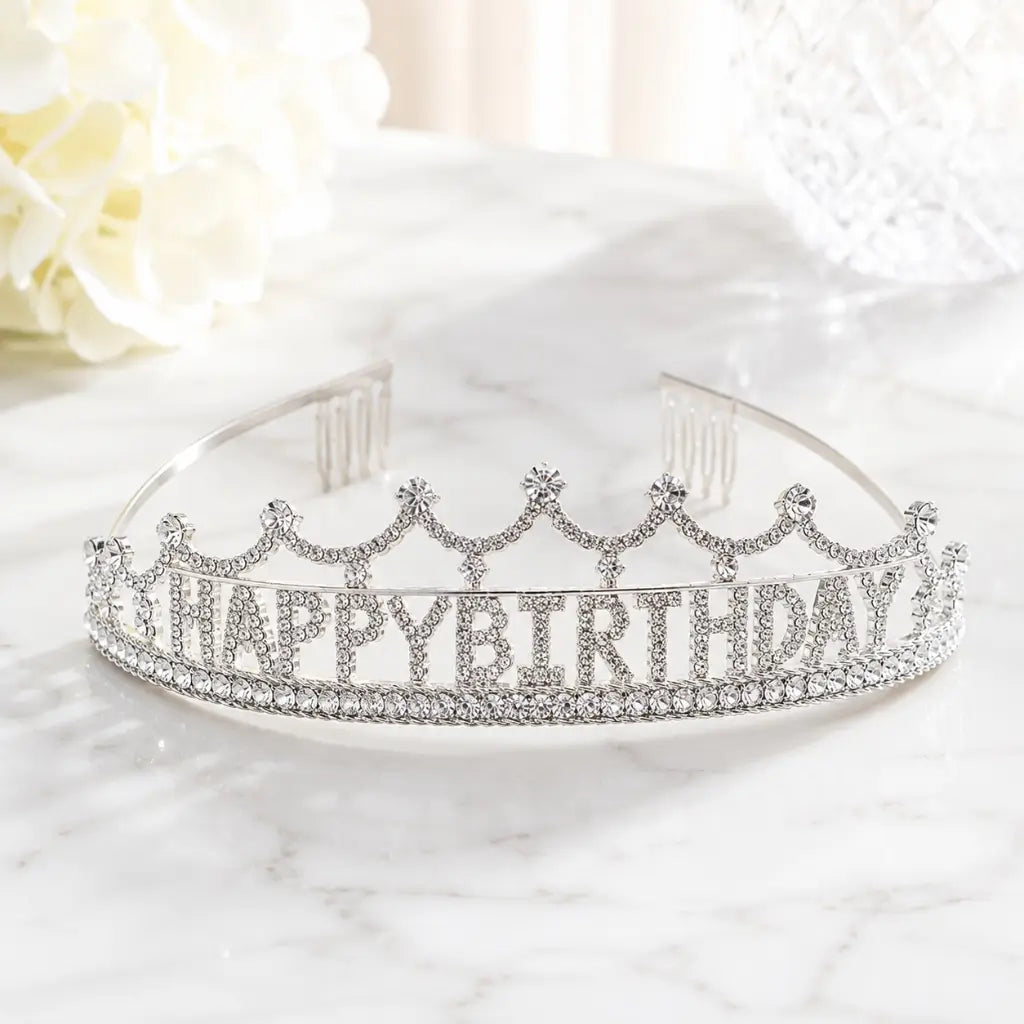 Silver Metal Rhinestone Happy Birthday Princess Headband