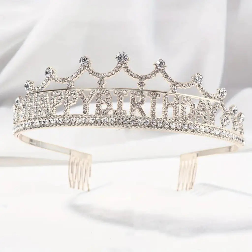 Silver Metal Rhinestone Happy Birthday Princess Headband