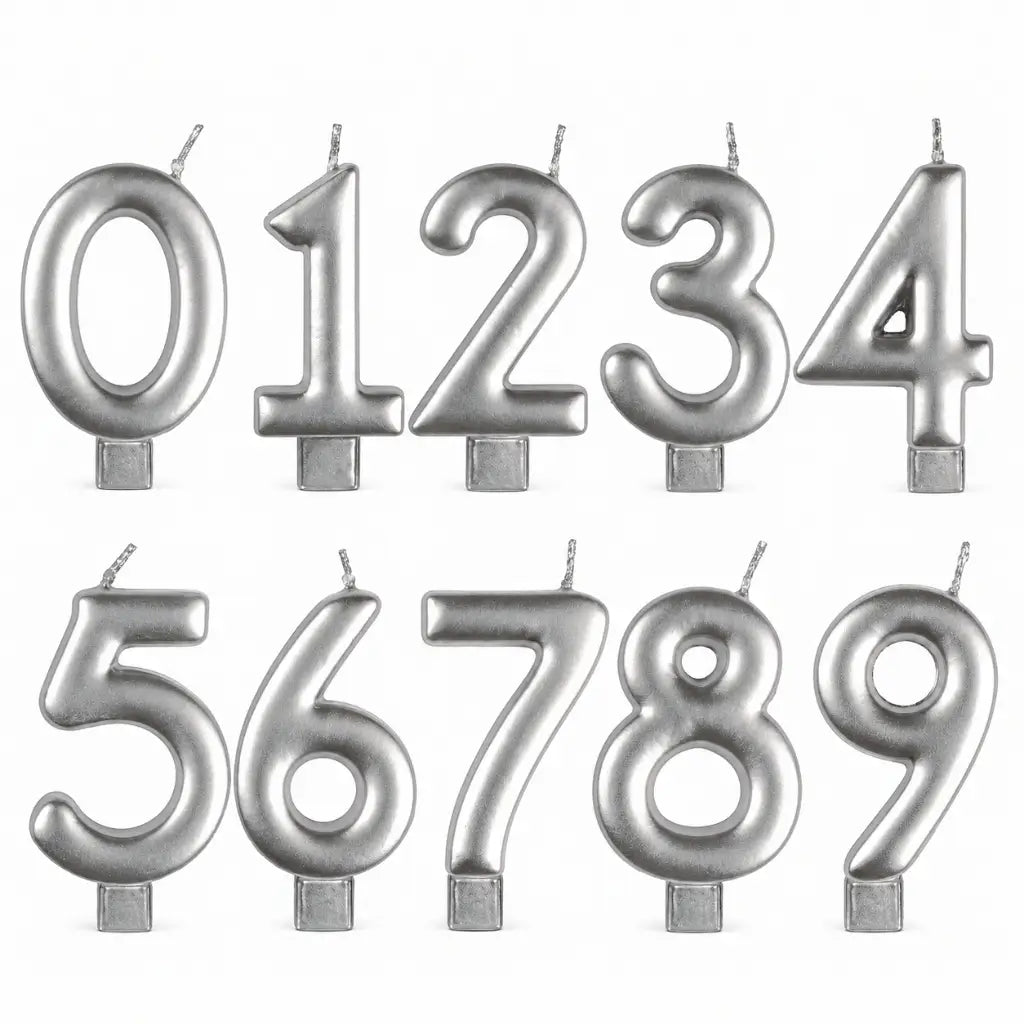 Metallic silver moulded number birthday candles from 0 to 9
