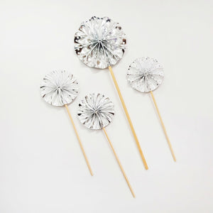 Metallic Silver Paper Fan Cupcake Toppers 4pk