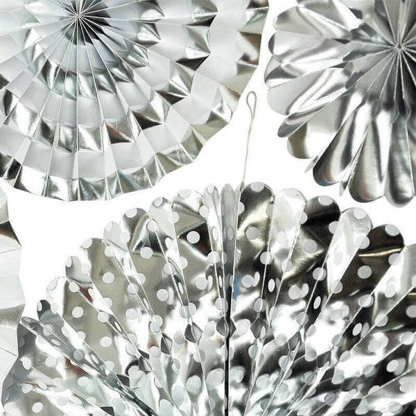 Metallic Silver Hanging Decorative Paper Fans 4pk