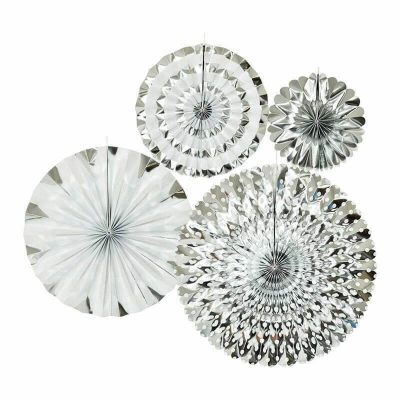 Metallic Silver Hanging Decorative Paper Fan 4 Pack