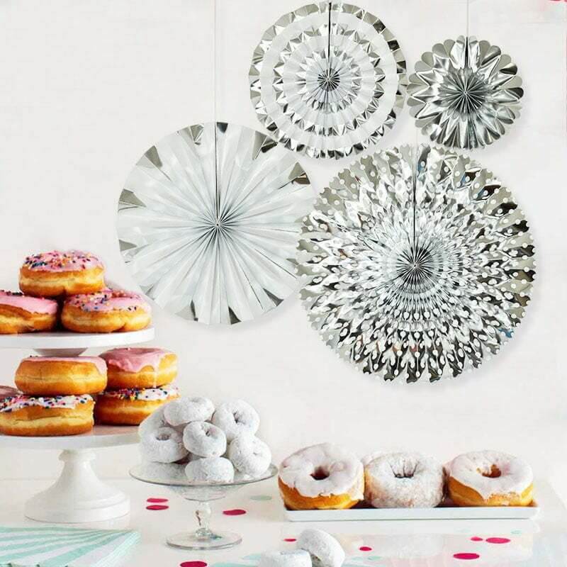Metallic Silver Hanging Decorative Paper Fan 4 Pack