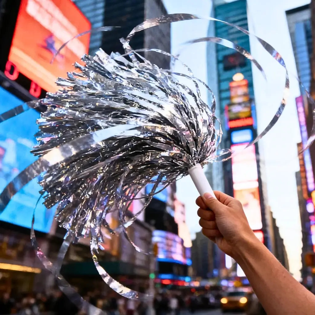 Silver metallic cheerleader pom poms with handles