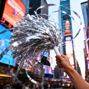 Silver metallic cheerleader pom poms with handles