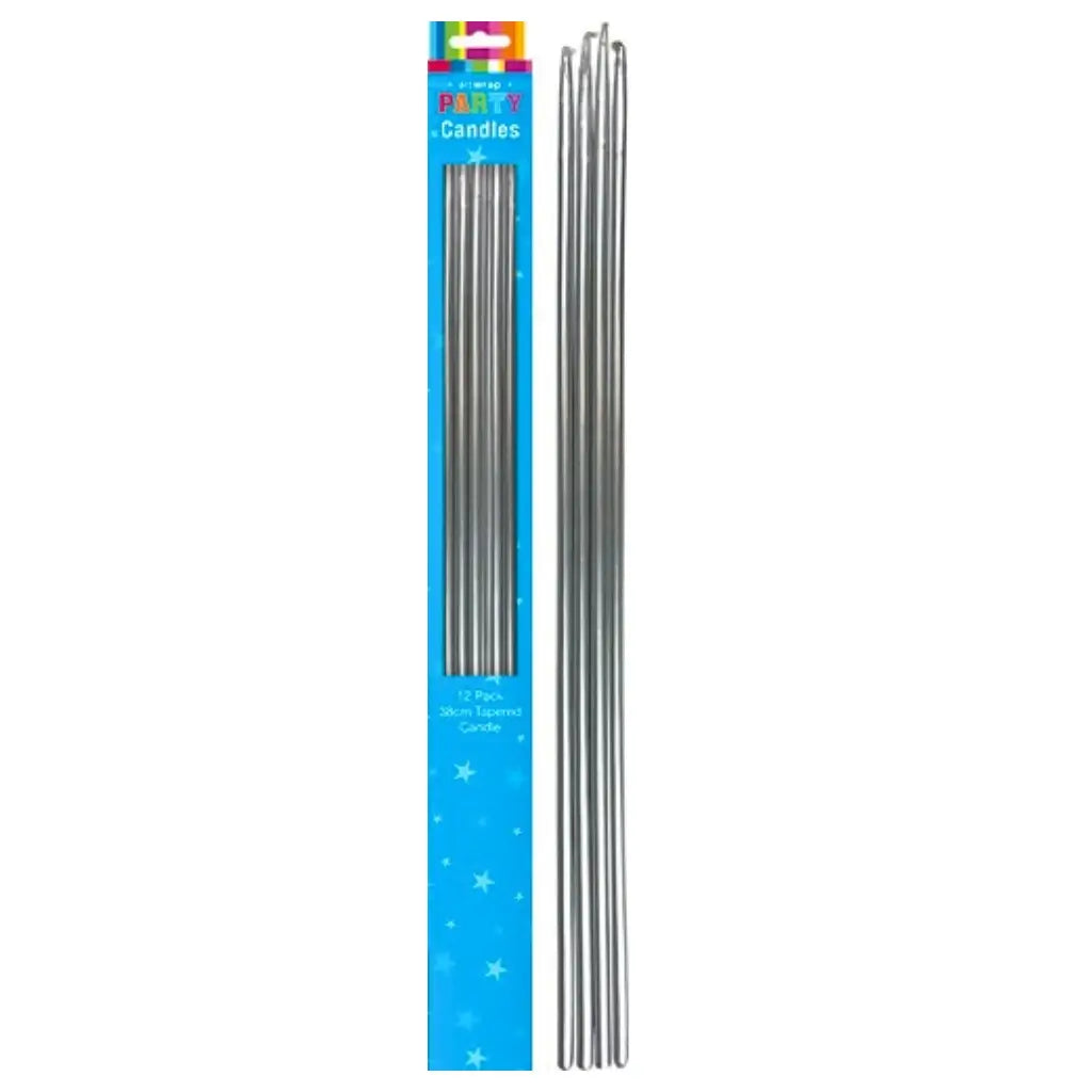 Extra-long metallic silver cake candles measuring approximately 38cm