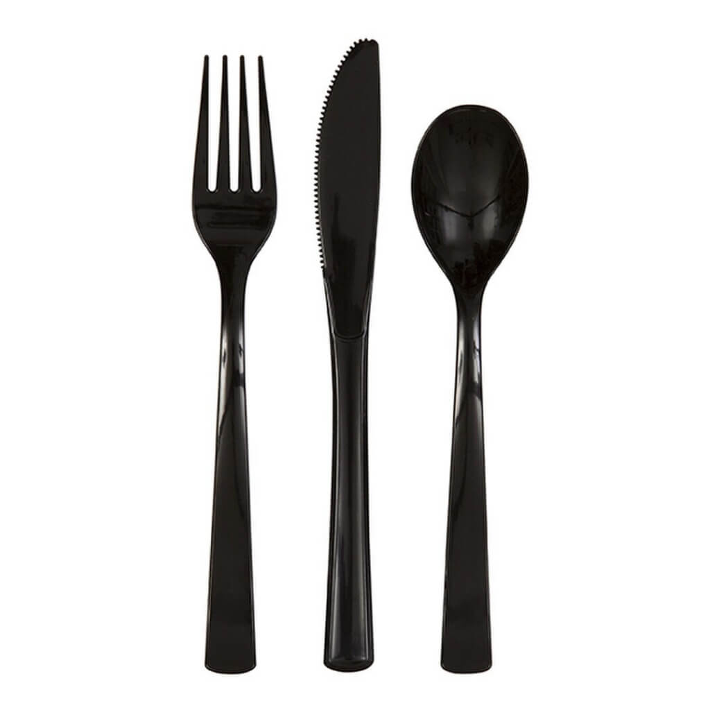 Midnight Black Reusable Plastic Cutlery Set 18pk