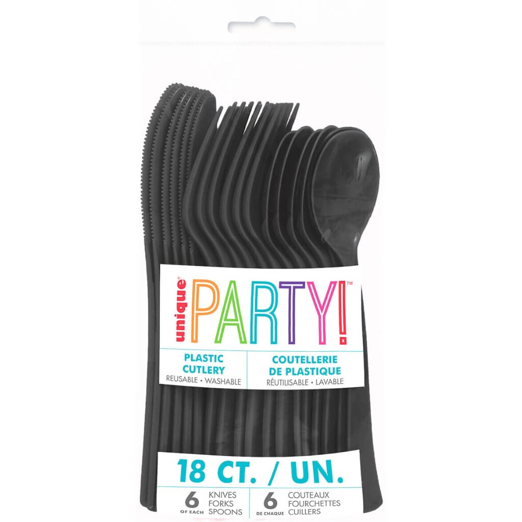 Midnight Black Reusable Plastic Cutlery Set 18pk