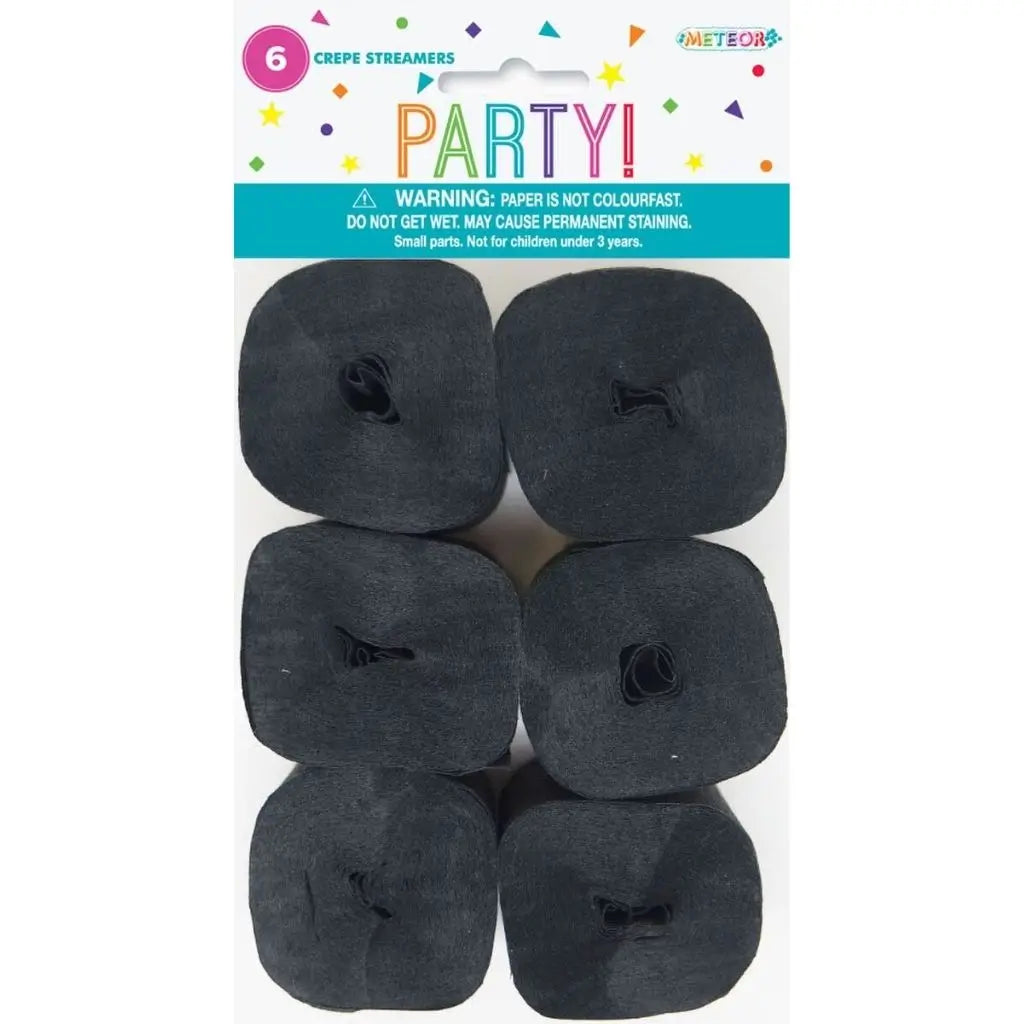 Deep black 12m crepe streamers for Halloween and Disco themes
