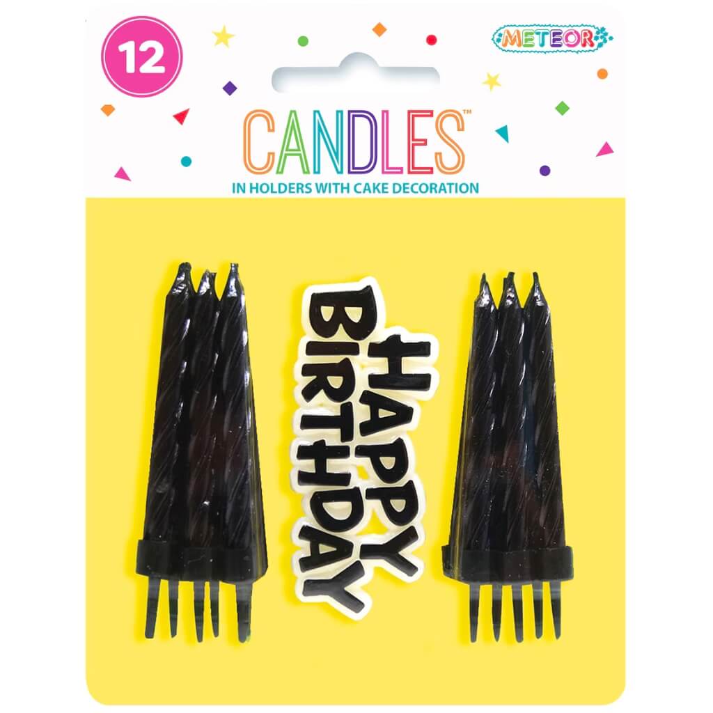 Midnight Black Spiral Candles in holders w/ Happy Birthday Cake Decor 12pk