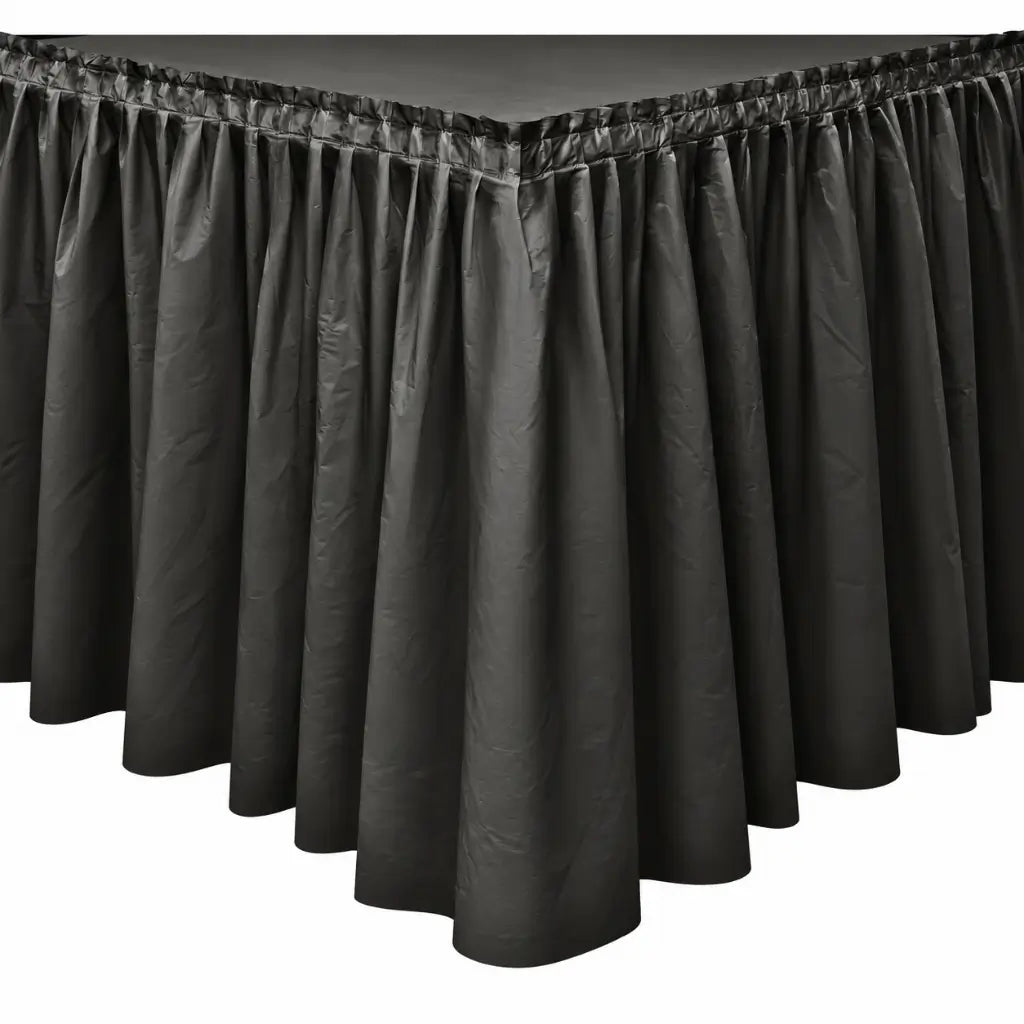  Midnight black plastic party table skirt with gathered pleats measuring 73cm high and 4.3m long