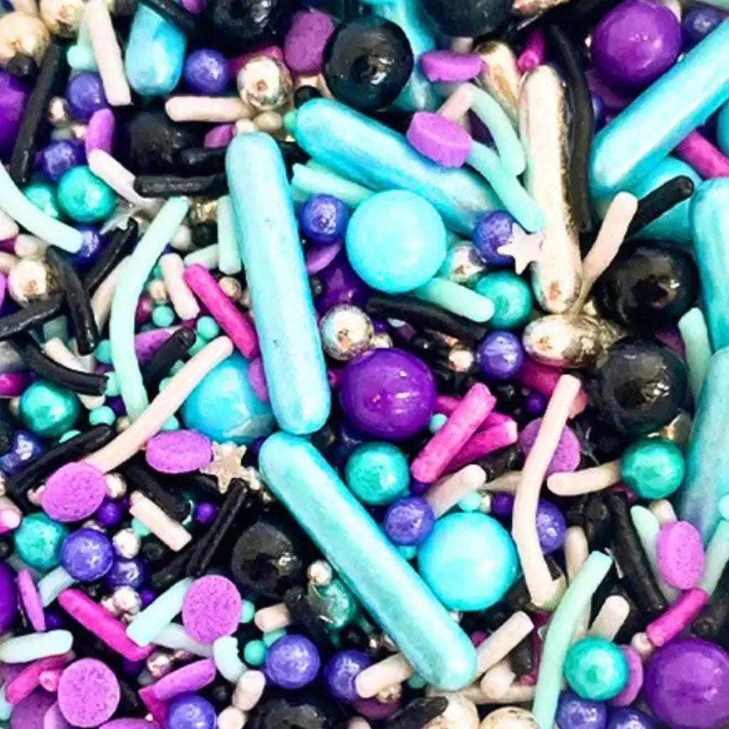 Metallic silver and purple sprinkles for cake decorating