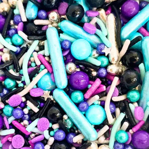 Metallic silver and purple sprinkles for cake decorating