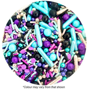 Assorted purple teal black sprinkle shapes for cupcakes and cookies