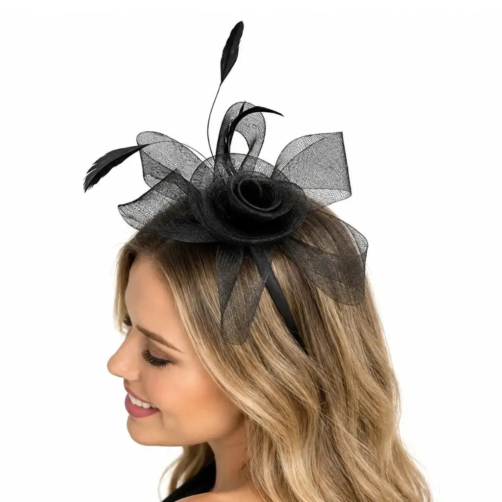 Black feather fascinator headband for formal events and cocktail parties