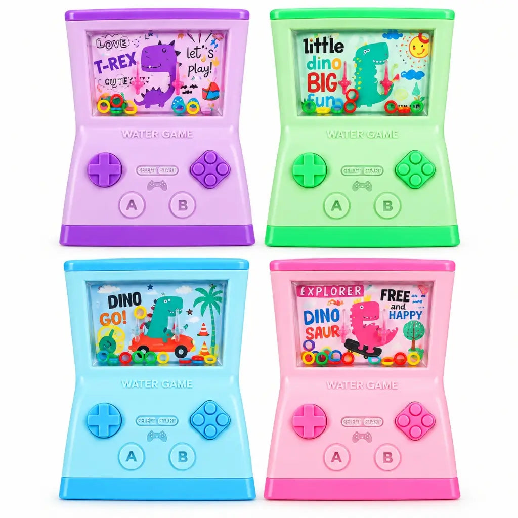 Four assorted mini dinosaur handheld water ring games