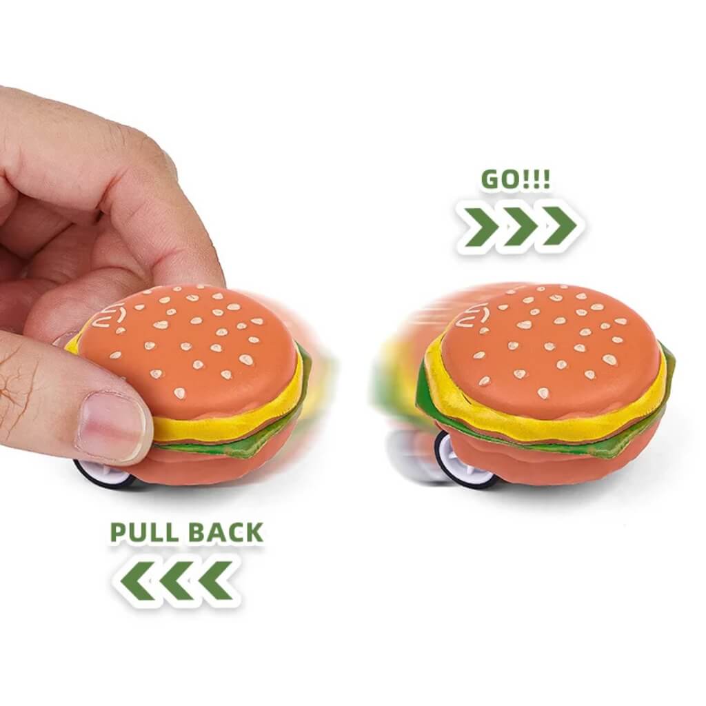 Pack of 6 Mini Hamburger Pull-Back Cars – Kids' Birthday Party Favours Toys.