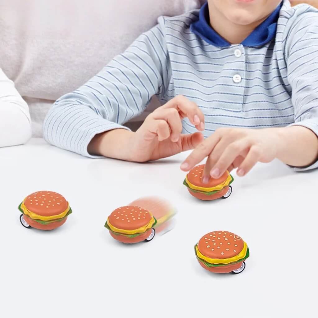 Pack of 6 Mini Hamburger Pull-Back Cars – Kids' Birthday Party Favours Toys.