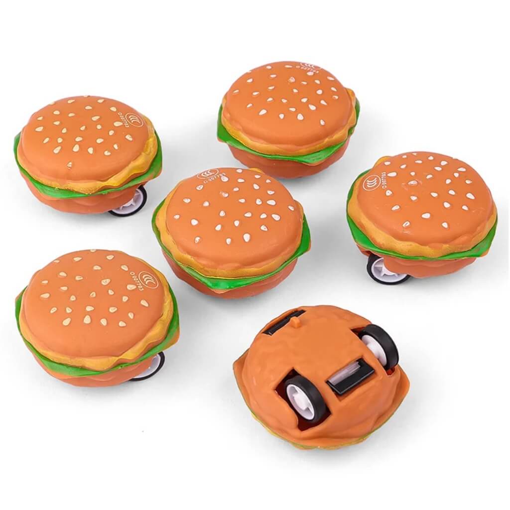 Pack of 6 Mini Hamburger Pull-Back Cars – Kids' Birthday Party Favours Toys.