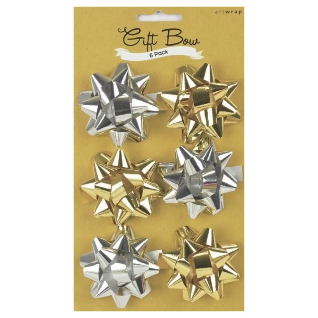 Mini Metallic Star Gift Bows 5cm 6 Pack Gold & Silver