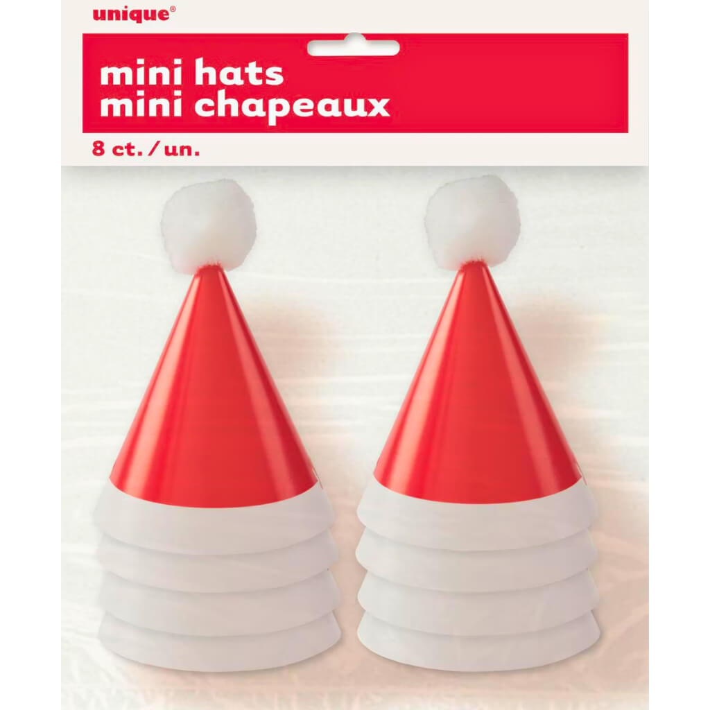 Mini pom pom Santa hats red and white card hats 8 pack